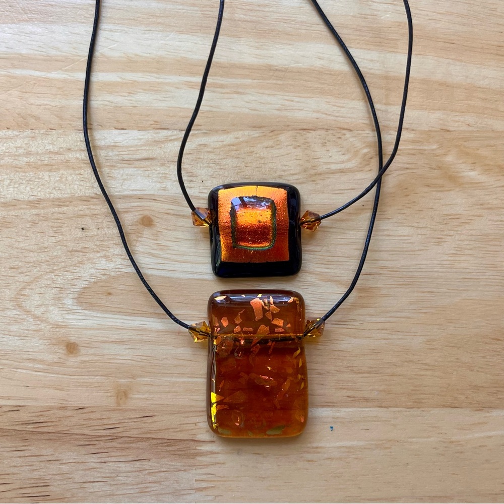 Orange, Red, Gold, & Black Decorative Glass Bead Pendant Necklace Pair